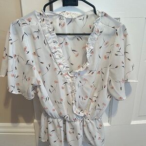 Floral White Ruffle Blouse